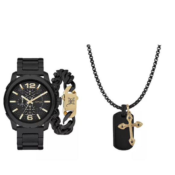 Ed Hardy Men's Matte Black Metal Bracelet Watch 50mm Gift Set NWT - Picture 5 of 7